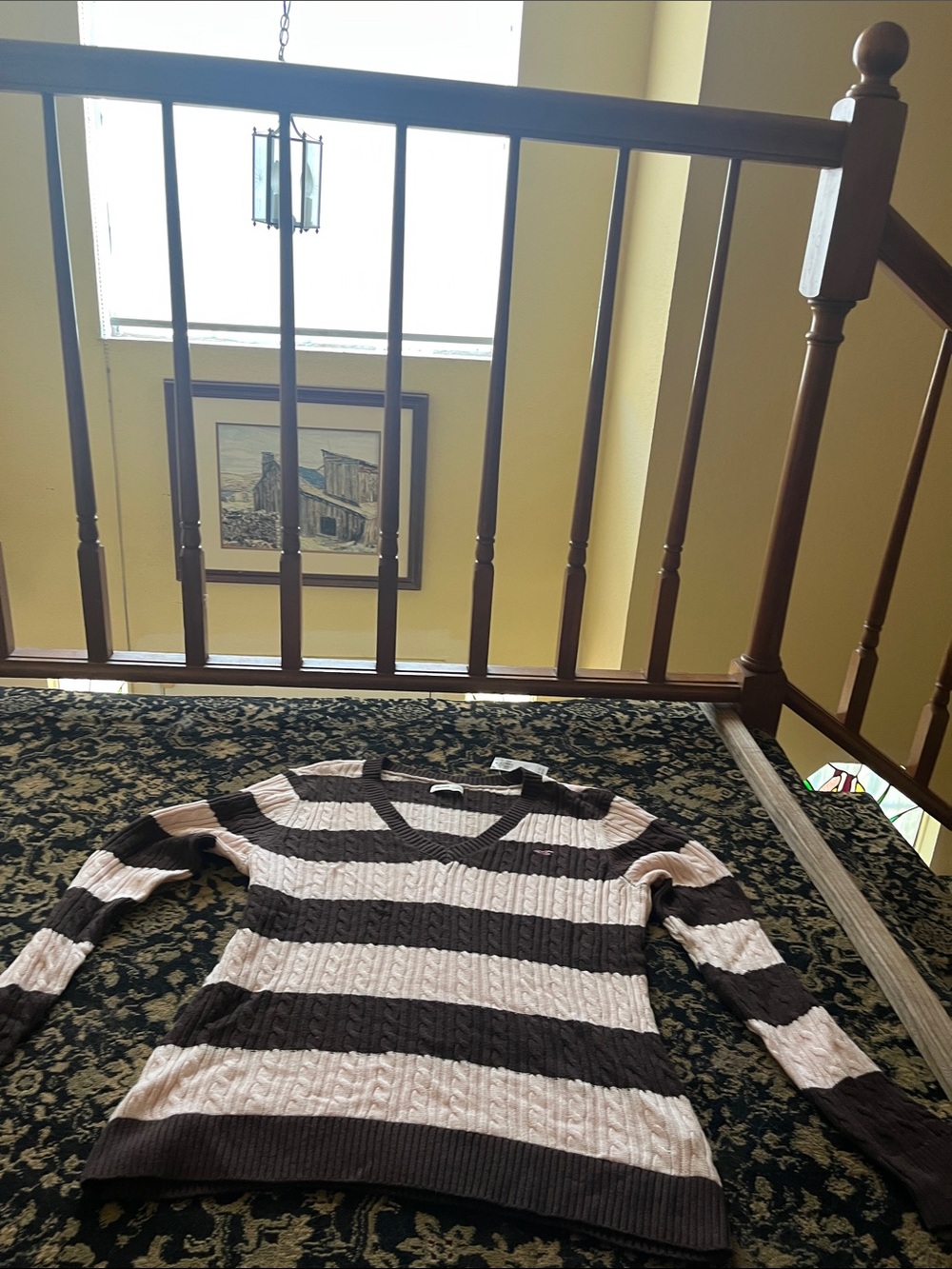 Hollister Women's V-Neck Cable Knit Sweater - Brown and Cream Stripes
